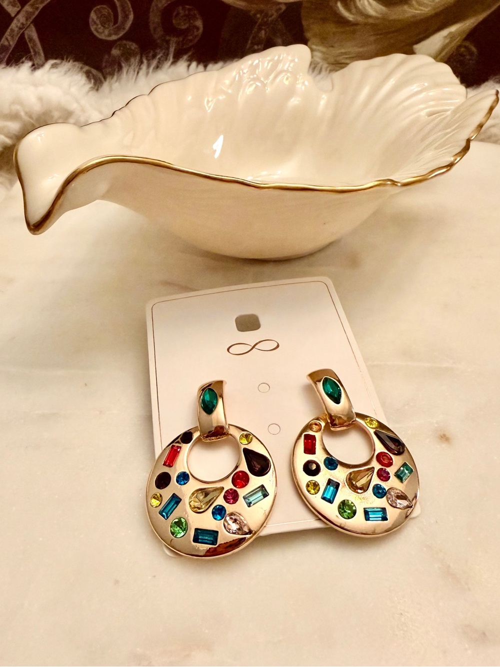 Gold-Tone Multicolor Rhinestone Hoop Drop Fashion Earrings - Unbranded (NWOT)